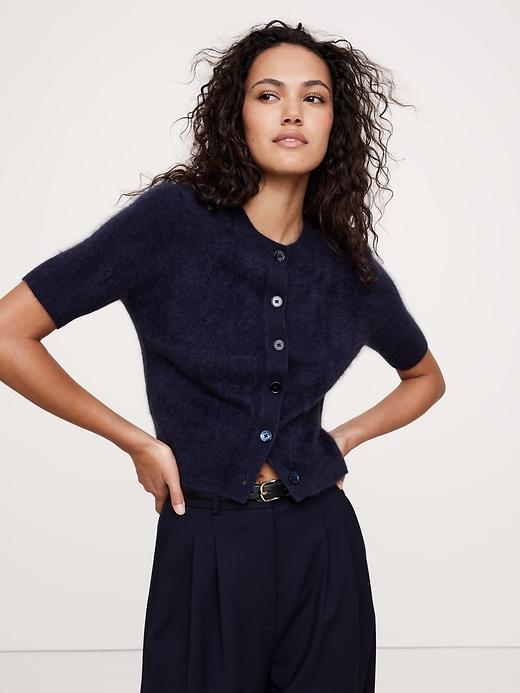 Lightweight Brushed Cashmere Short-Sleeve Cardigan Sweater Product Image