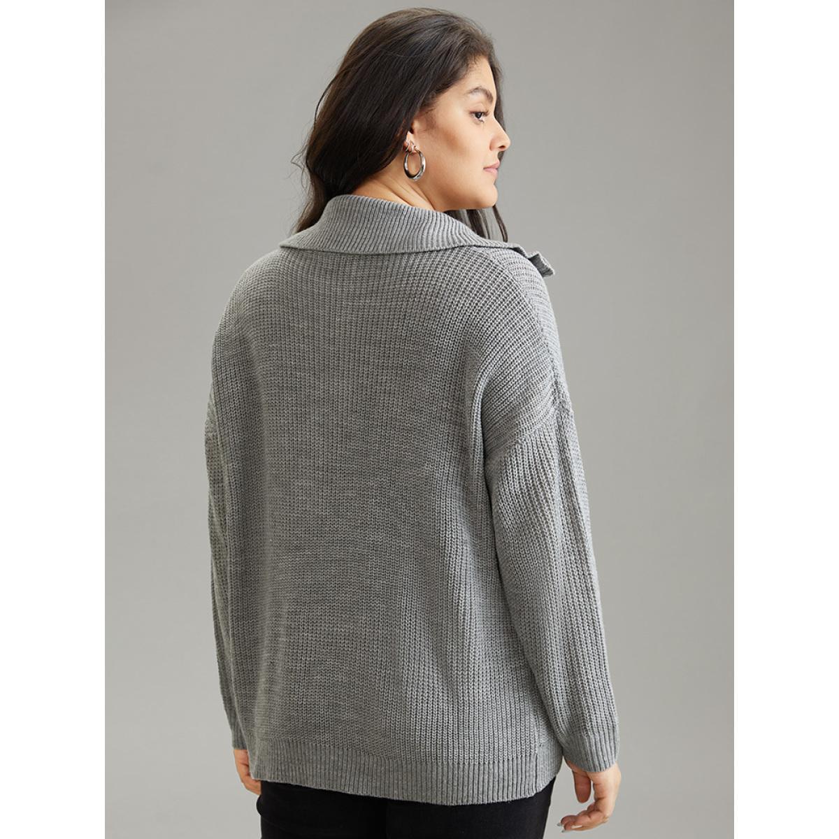 Plus Size Solid Knit O Ring Half Zip Pullover DarkGray Women Casual Loose Long Sleeve Polo Dailywear Pullovers BloomChic 30/6X Product Image