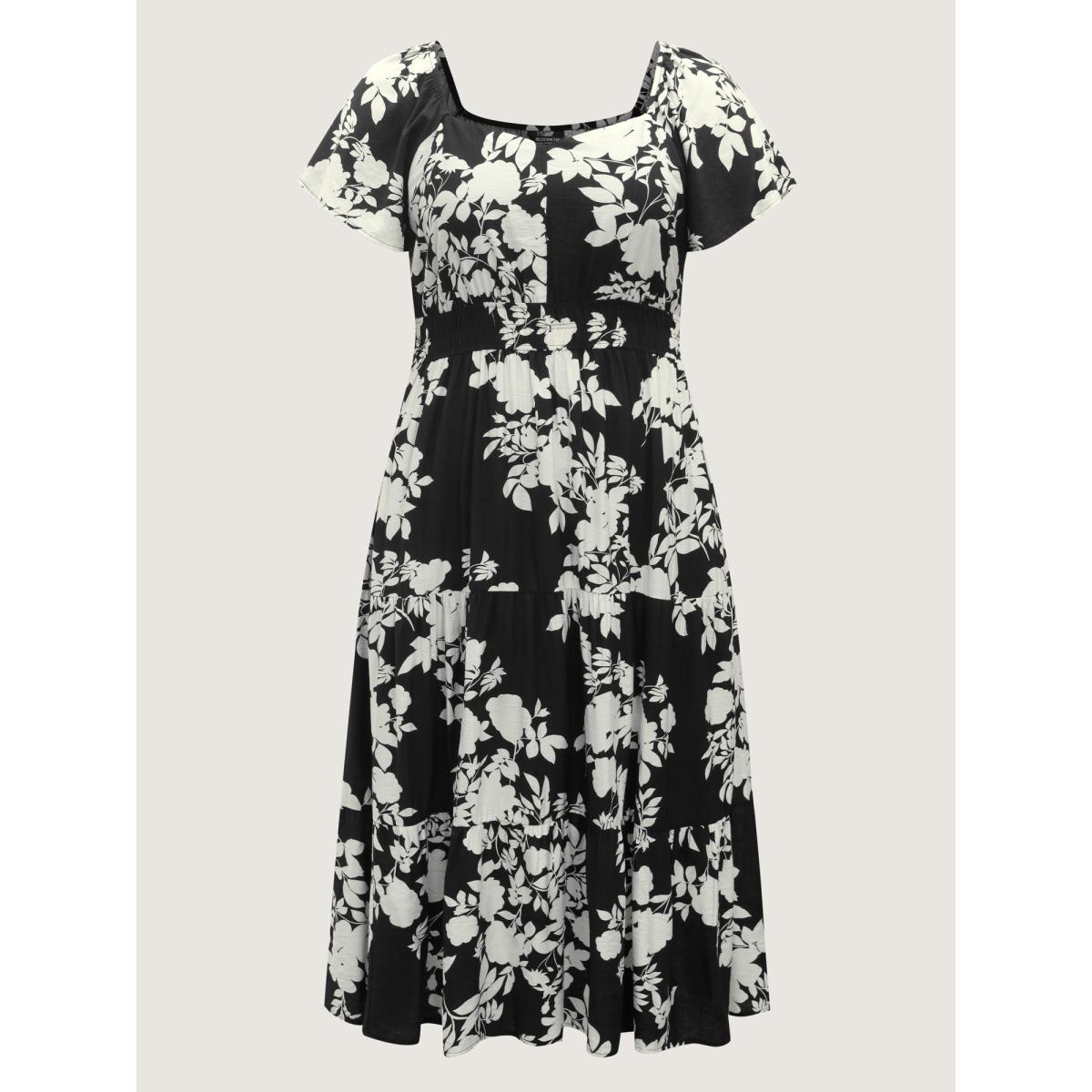 Plus Size Floral Double Stretchy Waist Midi Dress Black Women Heart neckline Short sleeve Curvy BloomChic 14-16/1X Product Image