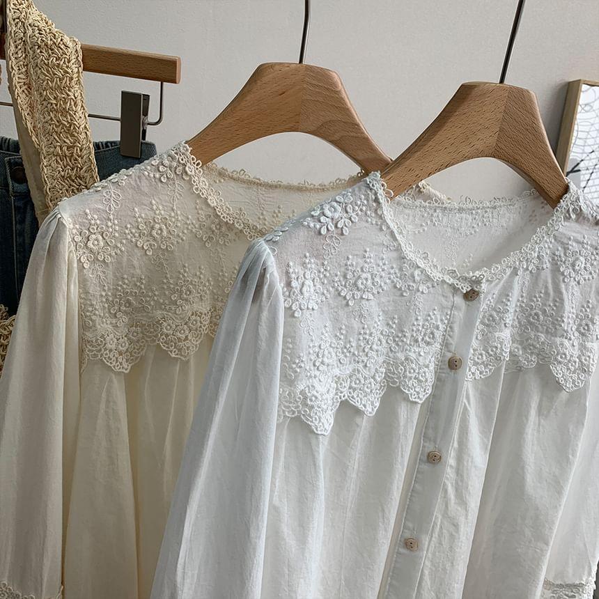 Long-Sleeve Round Neck Embroidered Lace Panel Blouse Product Image