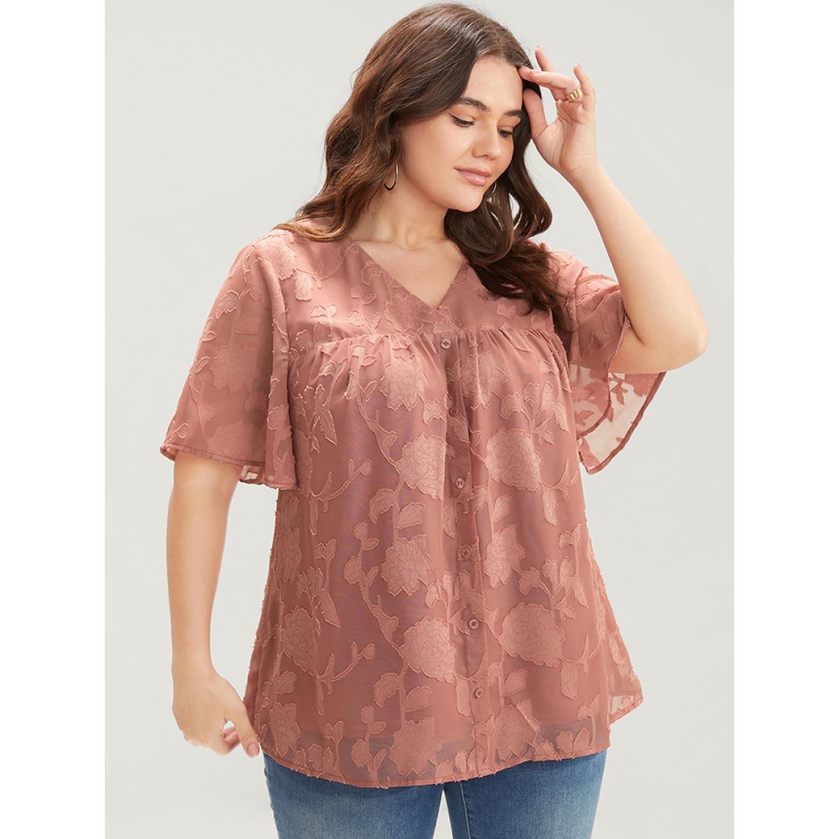 Plus Size DustyPink Floral Print Mesh Ruffle Sleeve Button Detail V Neck Blouse Women Elegant Short sleeve V-neck Going out Blouses BloomChic 12/L Product Image