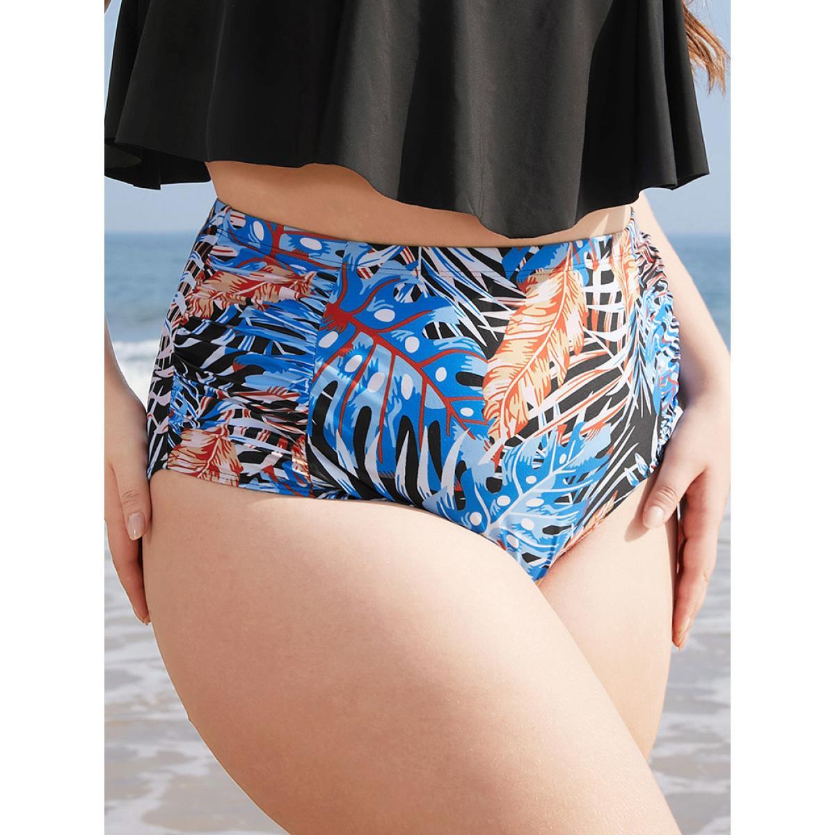 Plus Size Tropical Print High Waist Ruched Detail Bikini Bottom Women's Swimwear Multicolor Vacation Gathered High stretch Skinny High Rise Curve Swim Bottoms BloomChic 26/4X Product Image