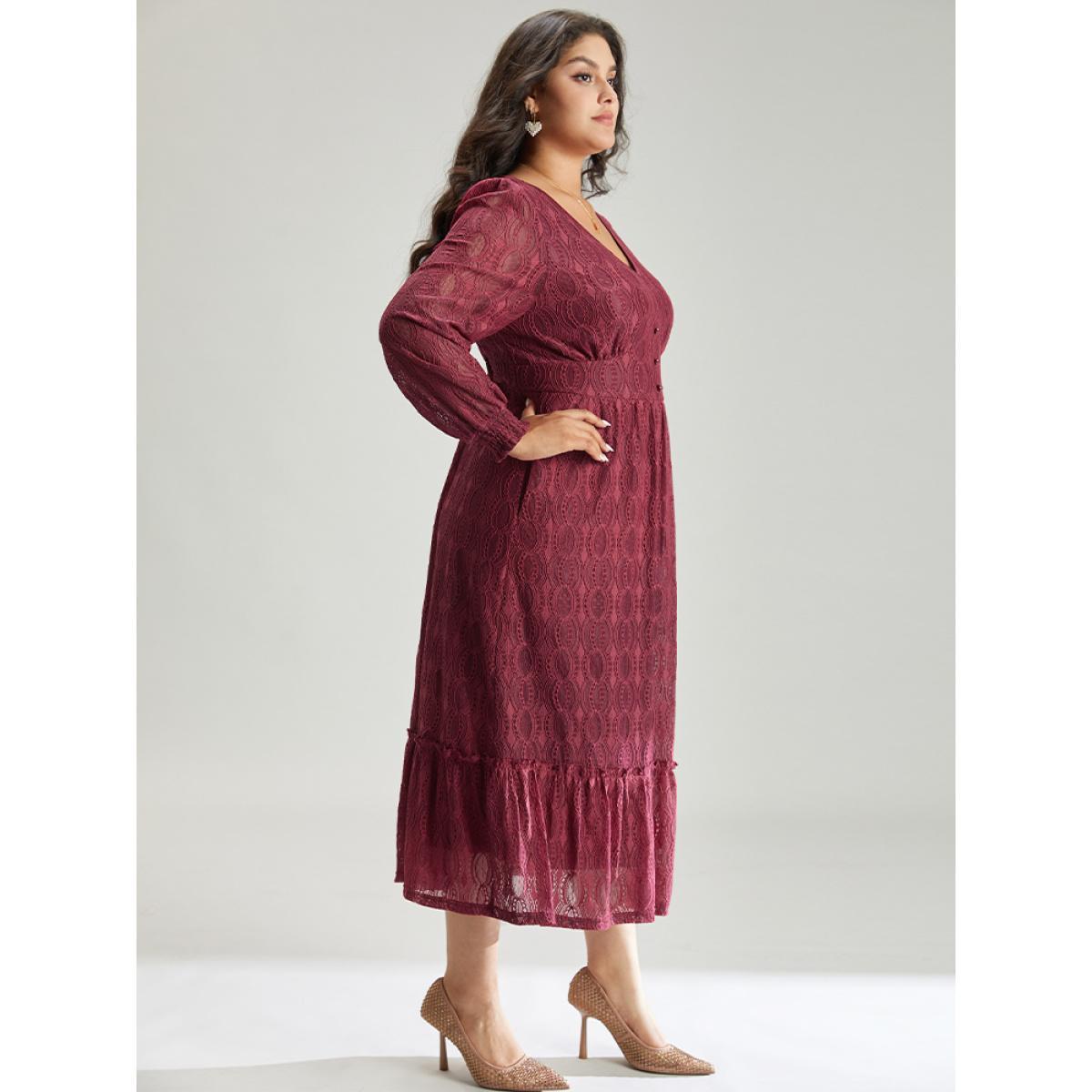 Plus Size Contrast Lace Button Detail Shirred Ruffle Hem Dress Scarlet Women Glamour Texture V-neck Long Sleeve Curvy Midi Dress BloomChic 18-20/2X Product Image