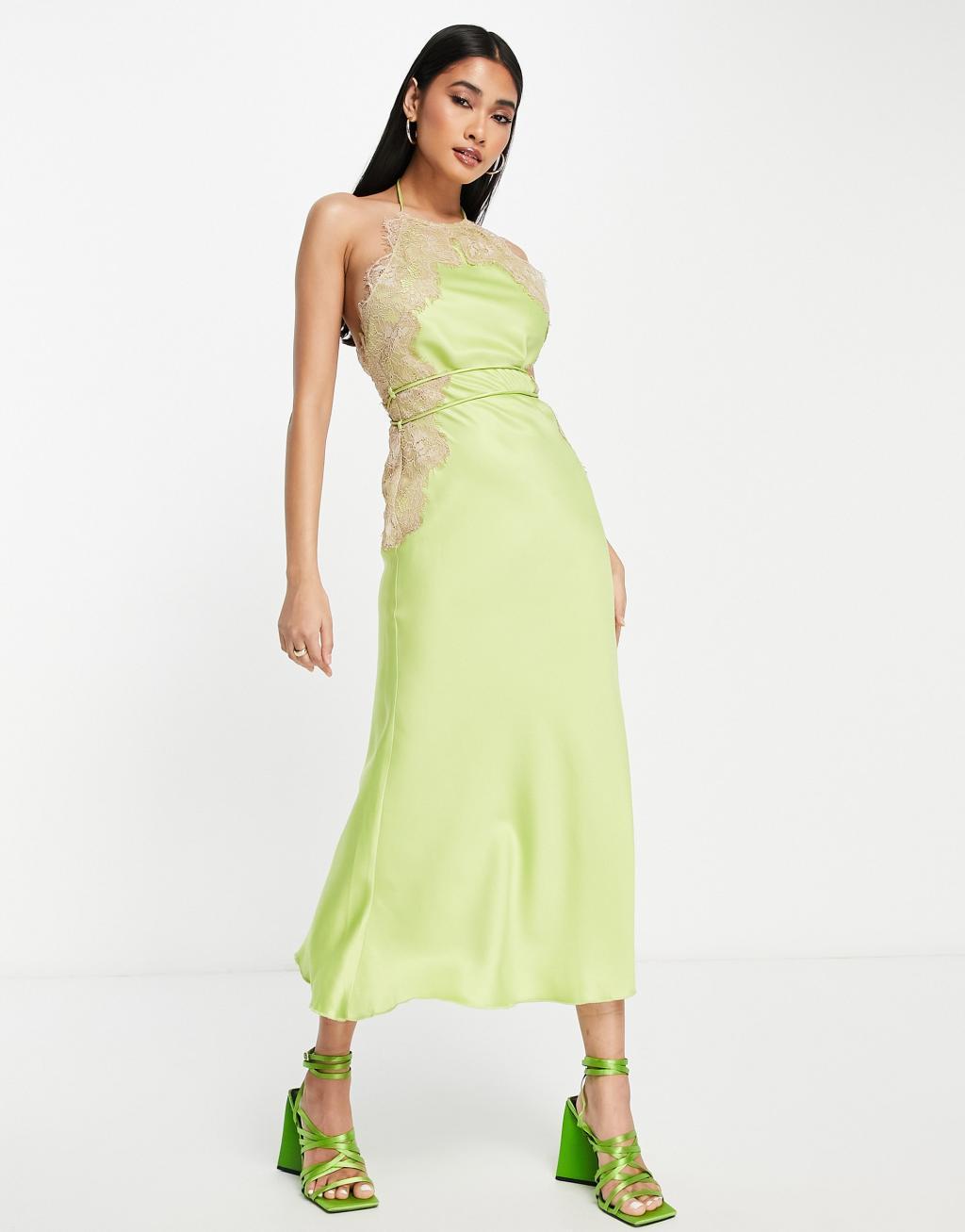 ASOS DESIGN high neck satin lace applique midi dress Product Image