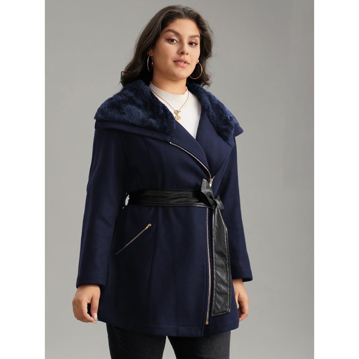 Plus Size Solid Zipper Belted PU Leather Knot Fuzzy Trim Coat Women Indigo Casual Plain Ladies Dailywear Winter Coats BloomChic 12/L Product Image