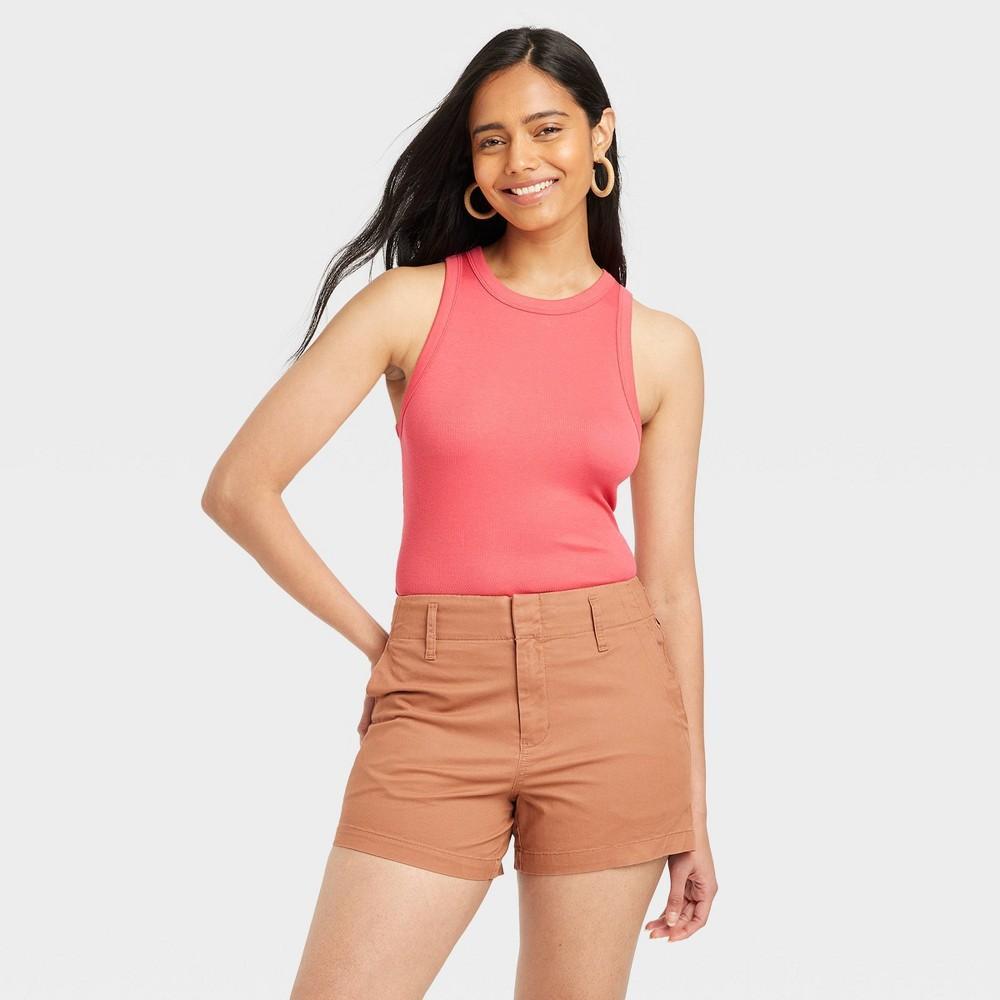 Women's Slim Fit Ribbed High Neck Tank Top - A New Day™ Coral XS Product Image