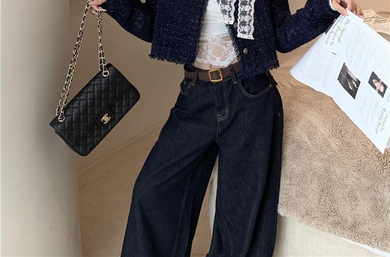 Plaid Fringed Trim Single-Breasted Jacket / Long-Sleeve One-Shoulder Lace Trim Asymmetrical Cropped T-Shirt / Mid Waist Wide Leg Jeans / Faux Leather Belt Product Image