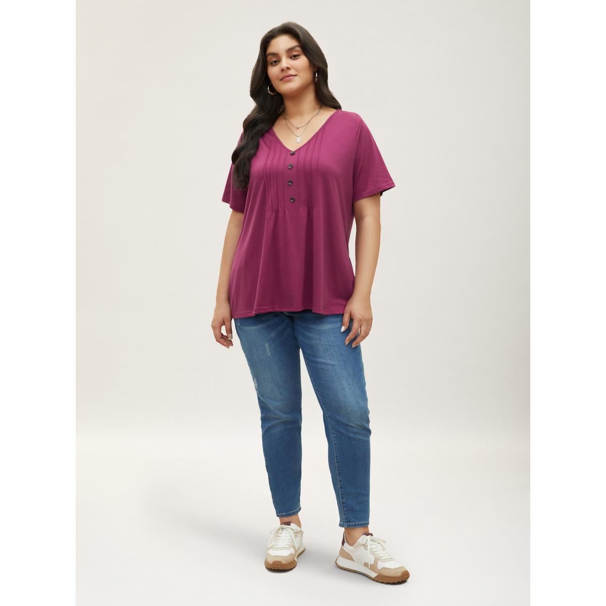 Plus Size Solid Pleated Front Button Detail V Neck T-shirt RedViolet Women Casual Button Plain Everyday T-shirts BloomChic 22-24/3X Product Image