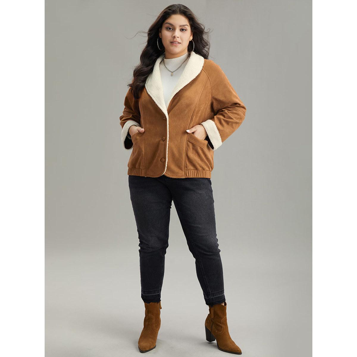 Plus Size Contrast Lapel Collar Patched Pocket Jacket Women Bronze Contrast Pocket Dailywear Jackets BloomChic 12/L Product Image