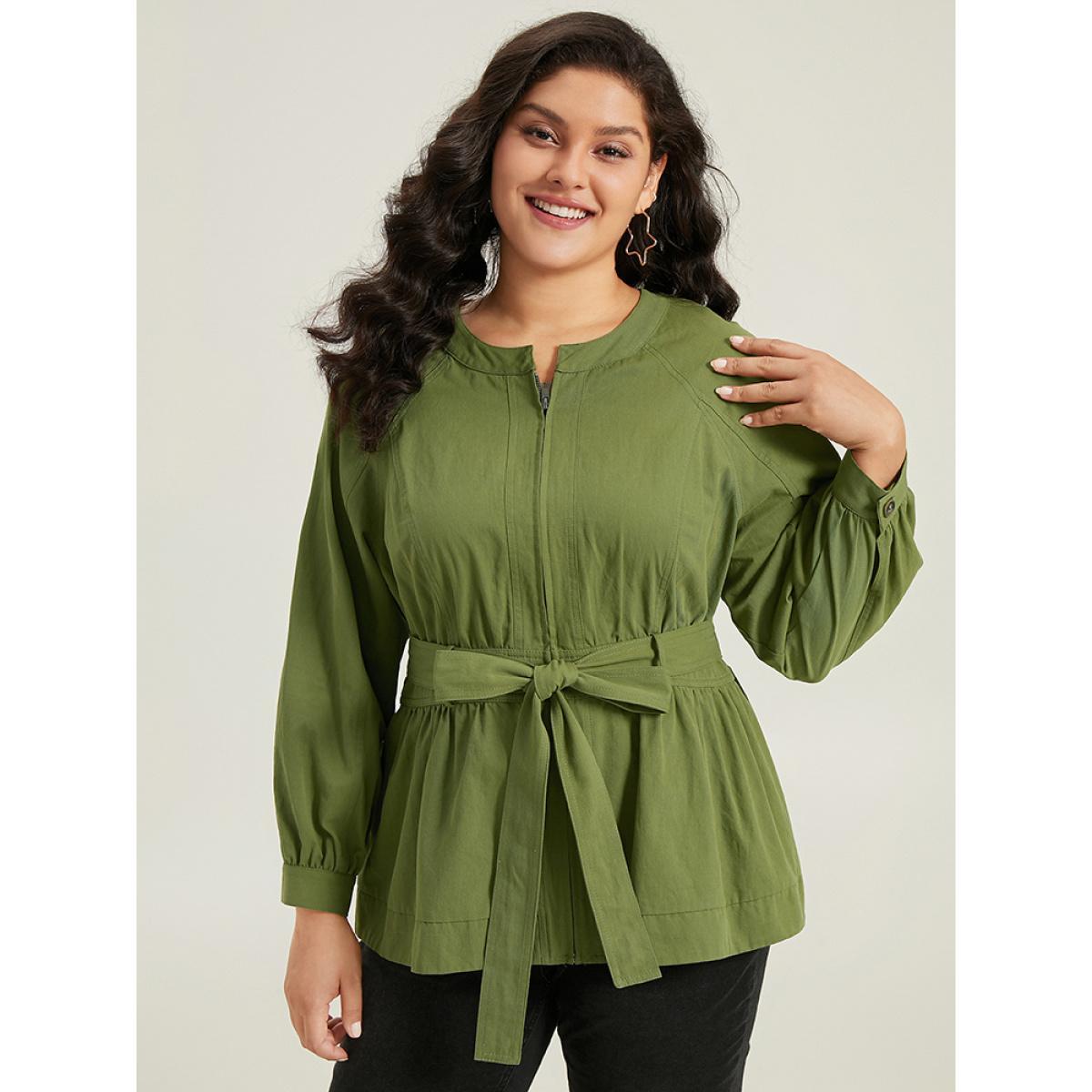 Plus Size Solid Gathered Detail Belted Zipper Fly Coat Women Moss Casual Gathered Ladies Dailywear Winter Coats BloomChic 14-16/1X Product Image