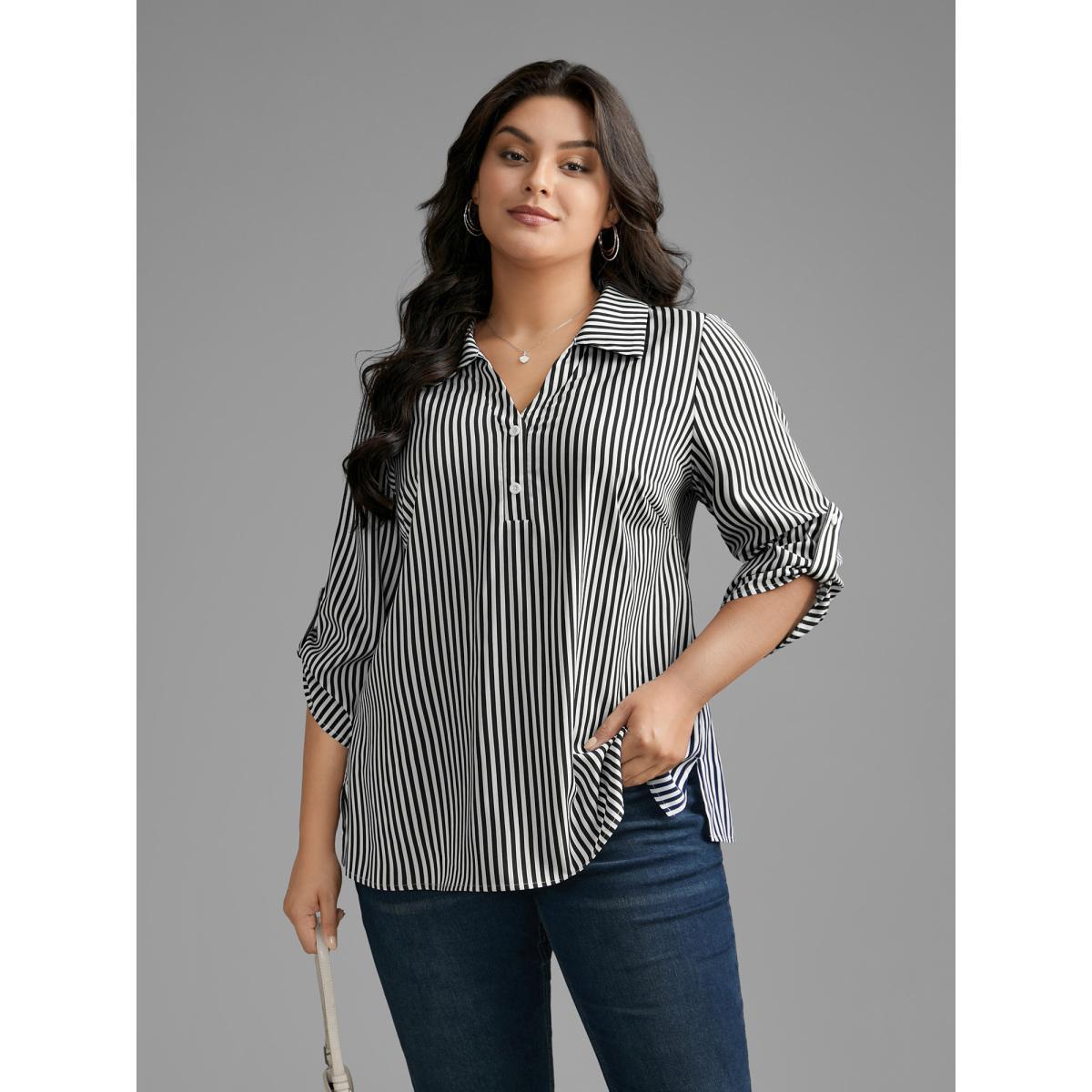 Plus Size Black Striped Button Cuff Sleeve Split Hem Blouse Women At the Office Elbow-length sleeve Shirt collar Work Blouses BloomChic 28/5X Product Image