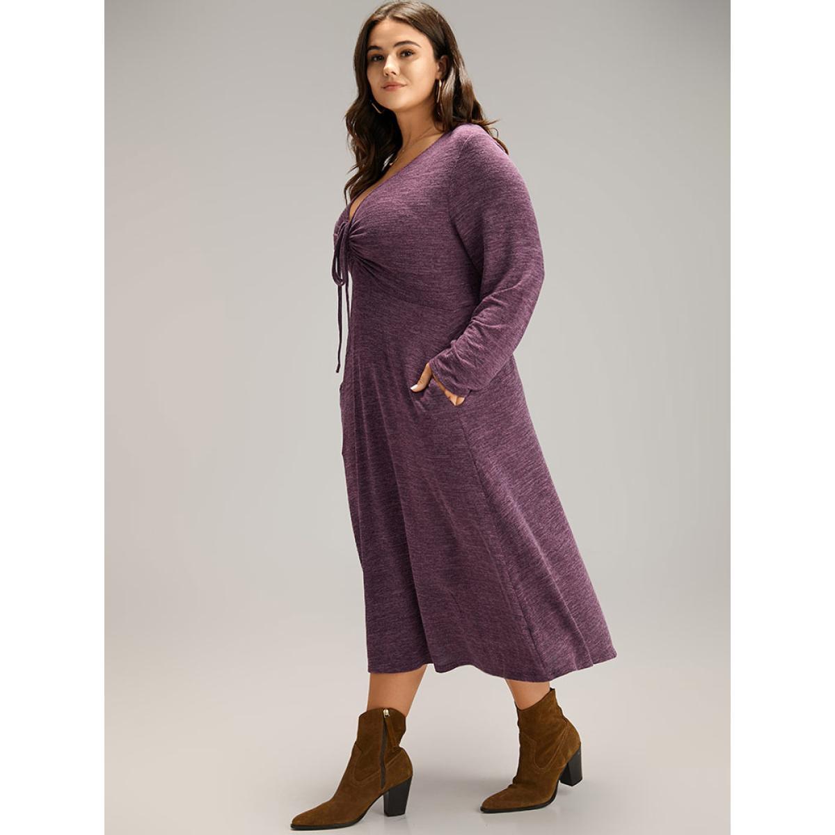 Plus Size Solid Ruched Drawstring Bowknot Pocket Dress Purple Women Casual Gathered Tie Neck Long Sleeve Curvy Midi Dress BloomChic 10/M Product Image
