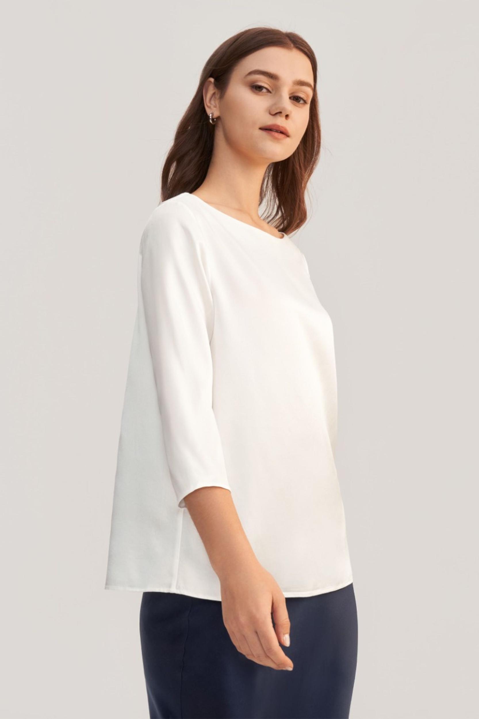3/4 Sleeve Boat Neck Silk Blouse Product Image