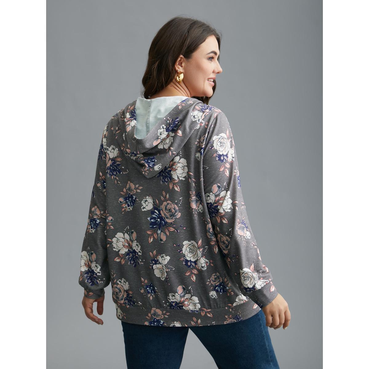 Plus Size Floral Print Zipper Front Hooded Sweatshirt Women DarkGray Casual Contrast Loose Hooded Everyday Sweatshirts BloomChic 14-16/1X Product Image