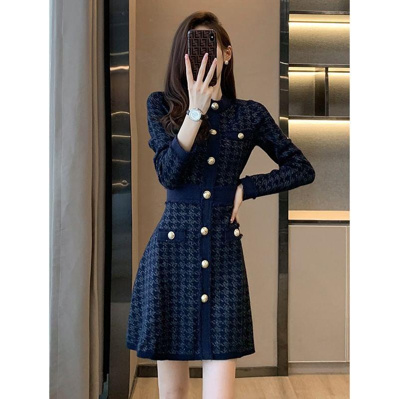 Long-Sleeve Crew Neck Houndstooth Button Mini A-Line Knit Dress Product Image