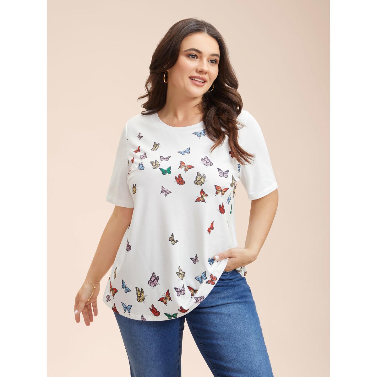 Plus Size Butterfly Print Stretchy T-Shirt Opticwhite Women Casual Non Butterfly Round Neck Everyday T-shirts BloomChic 28/5X Product Image