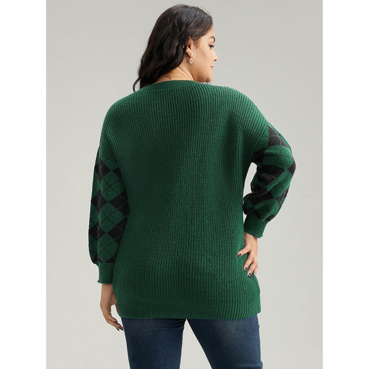 Plus Size Anti-Pilling Plaid Contrast V Neck Elastic Cuffs Pullover DarkGreen Women Casual Loose Long Sleeve V-neck Festival-Christmas Pullovers BloomChic 10/M Product Image