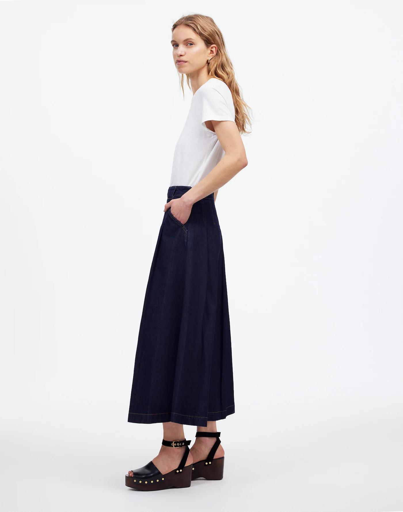 Pleated Denim Midi Skirt in Essex Wash Product Image