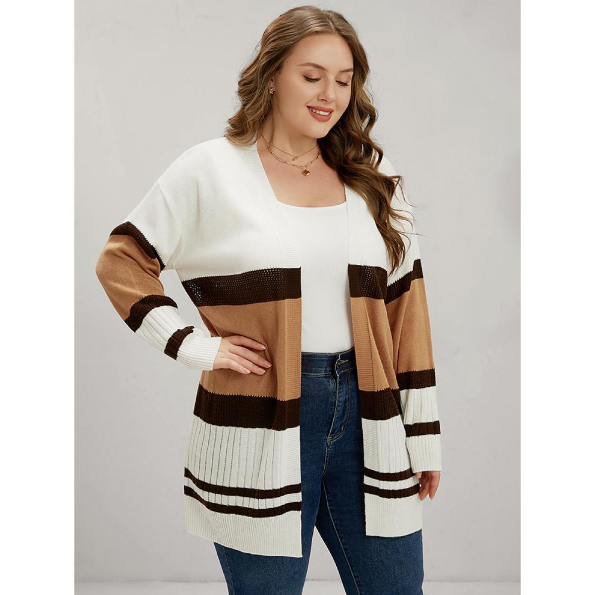 Plus Size Colorblock Contrast Pointelle Knit Eyelet Open Front Cardigan Multicolor Women Casual Loose Long Sleeve Dailywear Cardigans BloomChic 28/5X Product Image