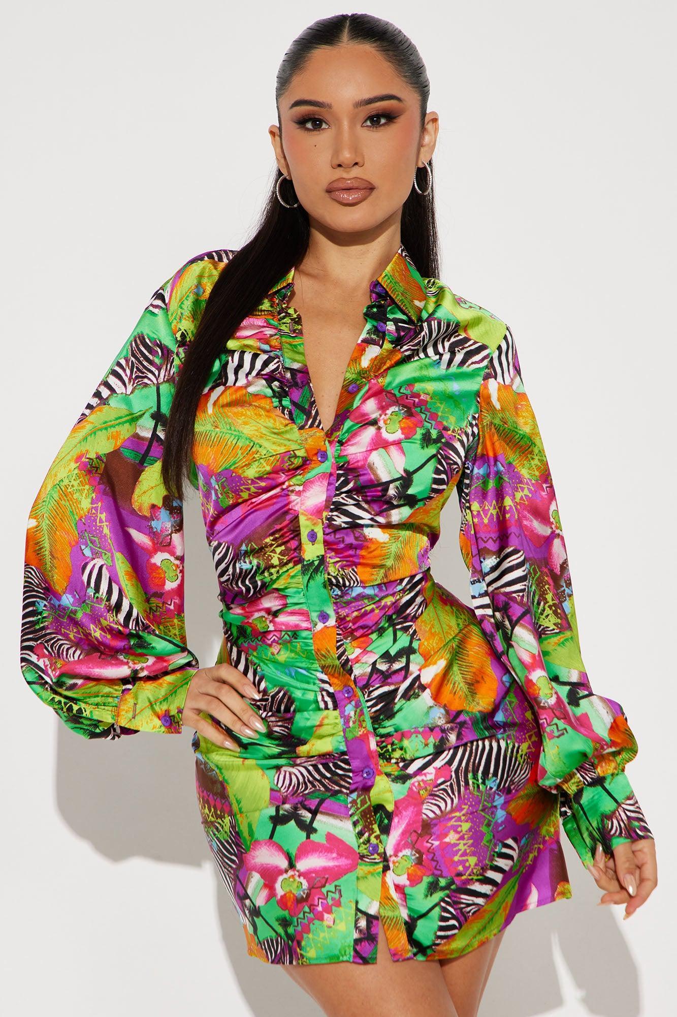 The Tropics Satin Shirt Mini Dress - Green/combo Product Image
