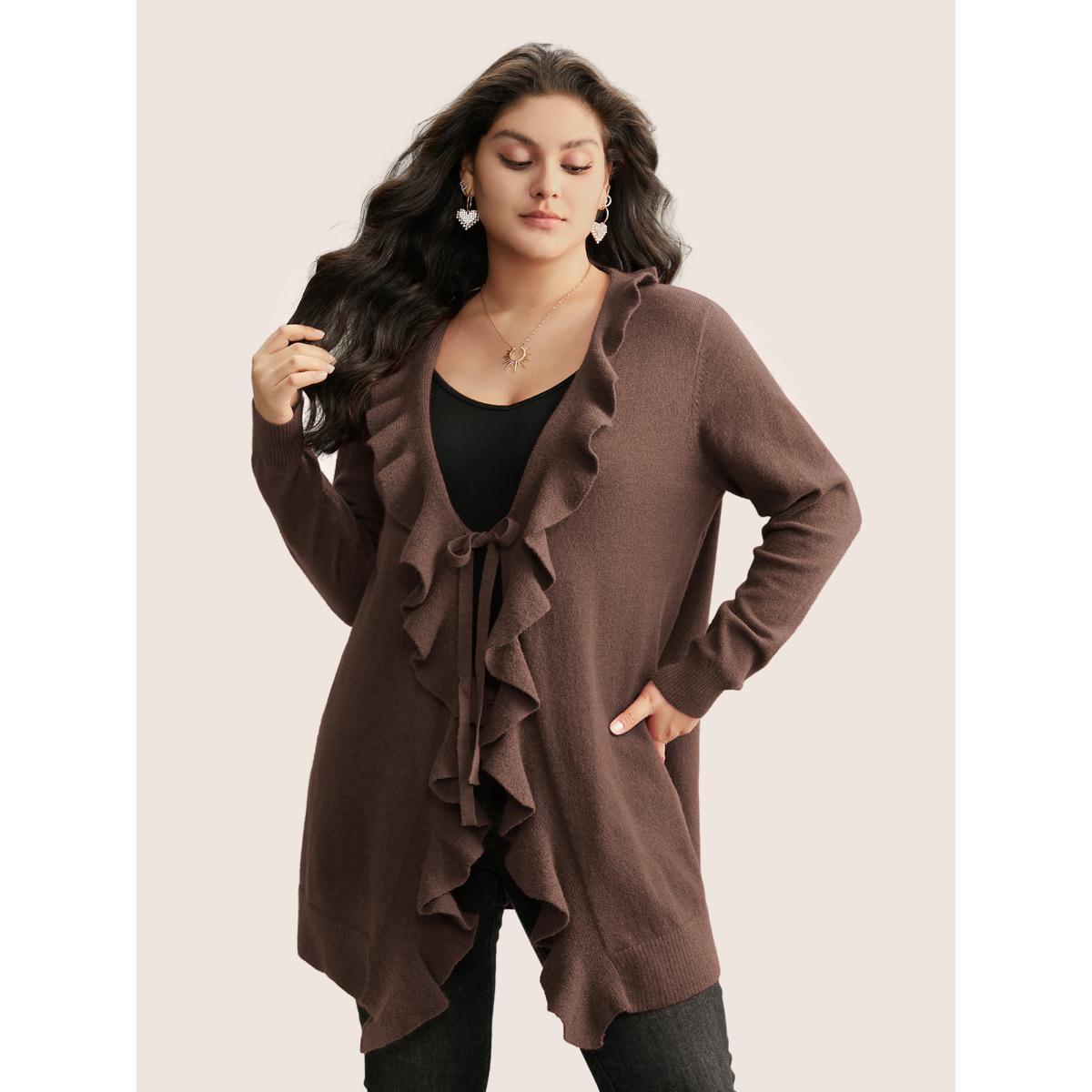 Plus Size Supersoft Essentials Solid Ruffle Trim Ties Cardigan DarkBrown Women Elegant Long Sleeve Everyday Cardigans BloomChic 30/6X Product Image