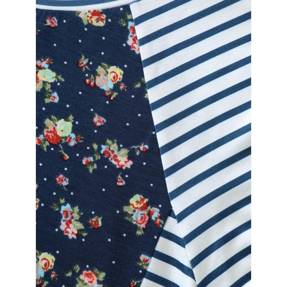 Plus Size Floral Stripes Raglan Sleeve T-Shirt Indigo Women Contrast Round Neck Everyday-Casual T-shirts BloomChic 10/M Product Image