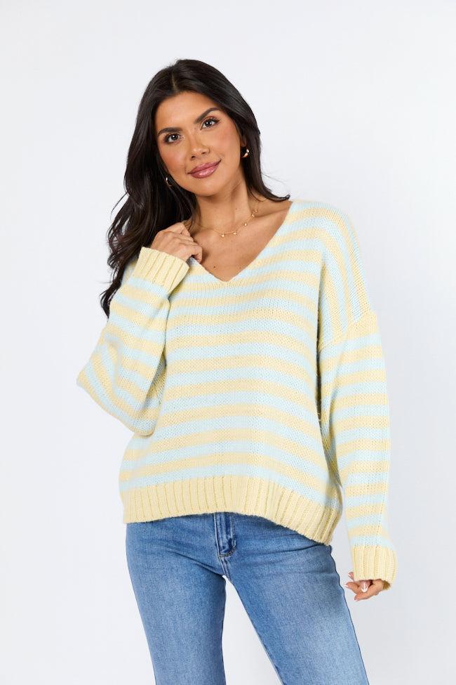 Wait A Minute Yellow and Blue Multi Striped V-Neck Sweater FINAL SALE Product Image