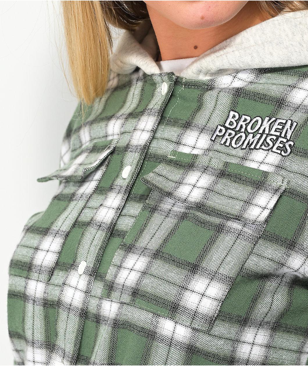 Broken Promises Fangs Green Plaid Hooded Flannel Shirt Product Image