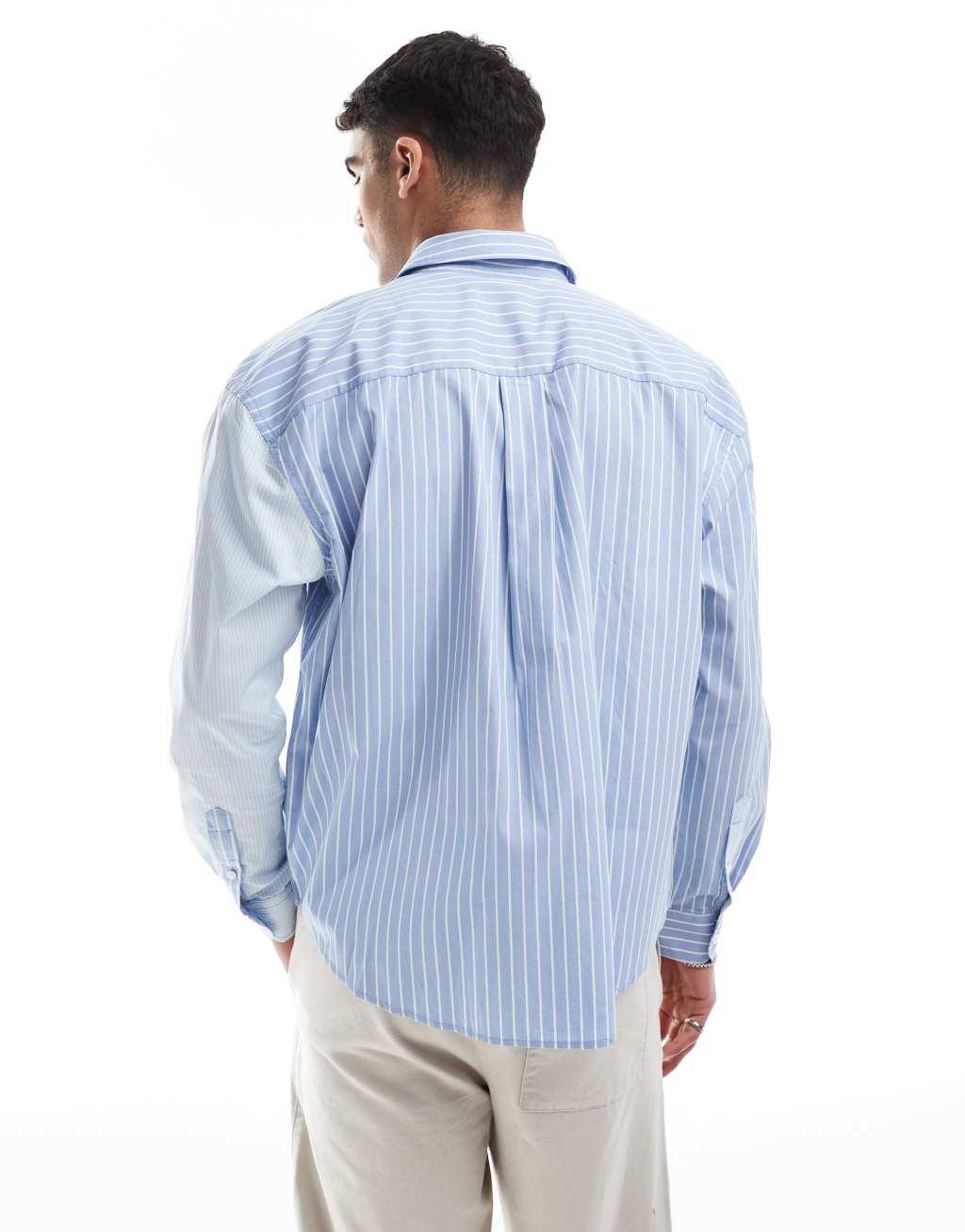 ONLY & SONS relaxed fit long sleeve shirt in mixed blue stripe Product Image