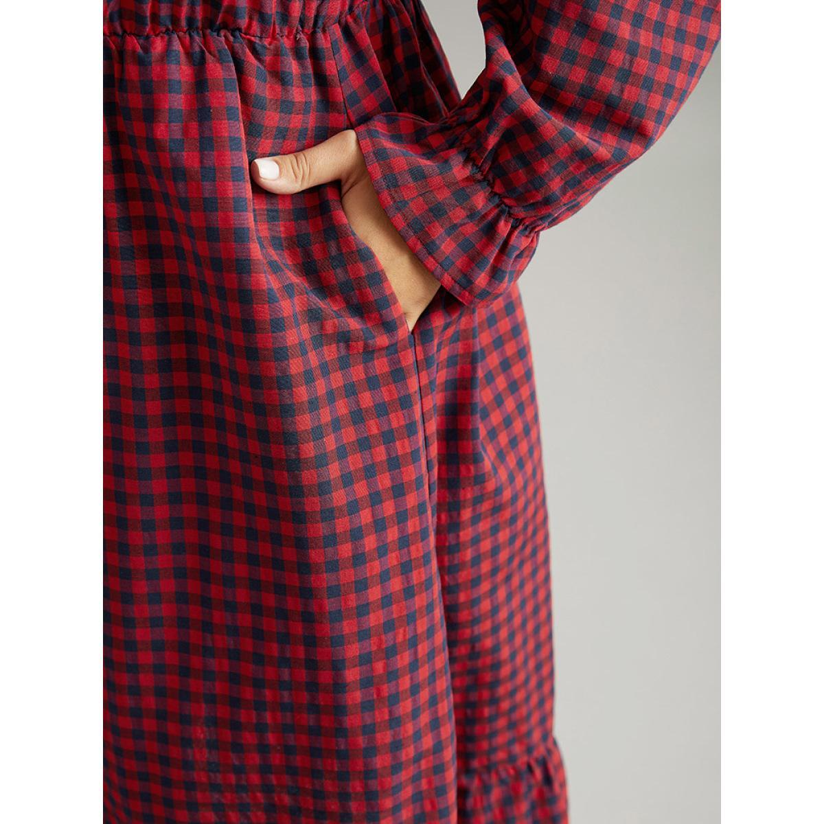 Plus Size Gingham Square Neck Shirred Gathered Ruffles Dress Scarlet Women Casual Gathered Square Neck Long Sleeve Curvy Midi Dress BloomChic 18-20/2X Product Image