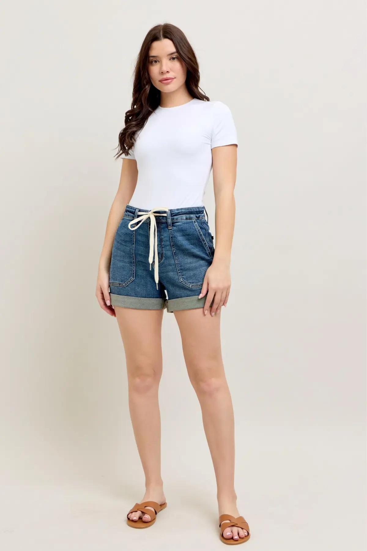 JUDY BLUE HI WAIST DARK DEN CUFF JOGGER SHORTS Product Image