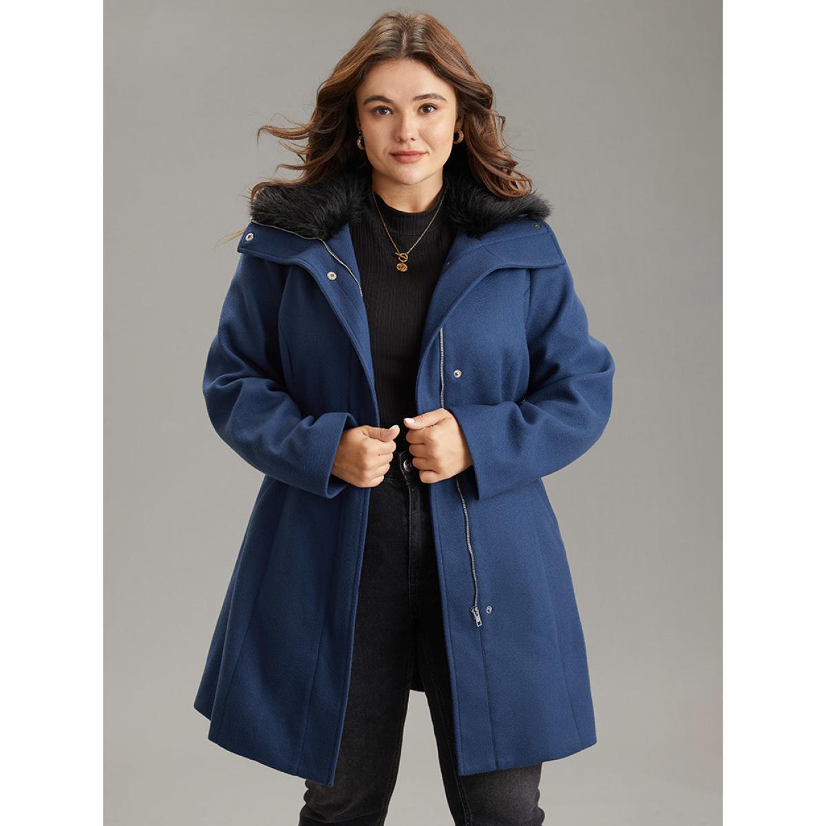 Plus Size Plain Fuzzy Trim Zipper Belted Coat Women DarkBlue Casual Lined Ladies Dailywear Winter Coats BloomChic 22-24/3X Product Image