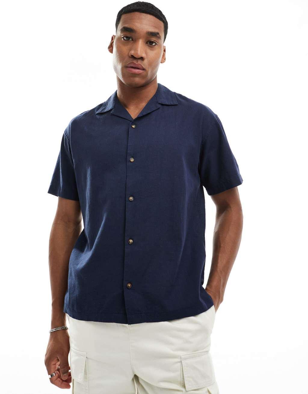 Jack & Jones linen mix shirt with revere collar in navy Product Image