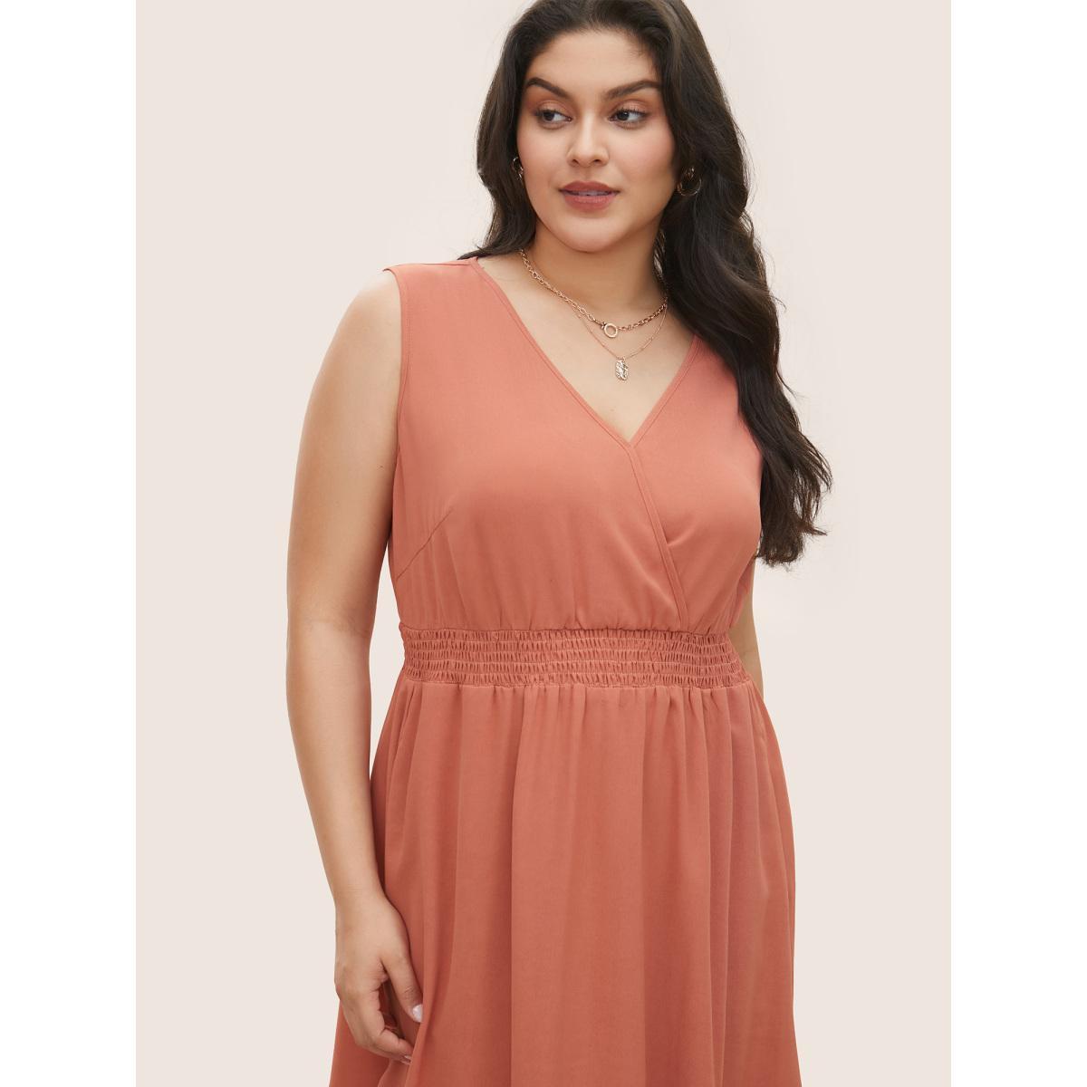 Plus Size Plain Laser Cut Shirred Wrap Tank Dress Coral Women Elegant Overlapping Overlap Collar Sleeveless Curvy Midi Dress BloomChic 14-16/1X Product Image