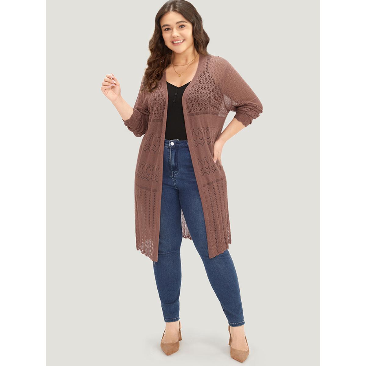 Plus Size Geometric Eyelet Open Front Maxi Cardigan Rust Women Casual Loose Long Sleeve Everyday Cardigans BloomChic 14-16/1X Product Image