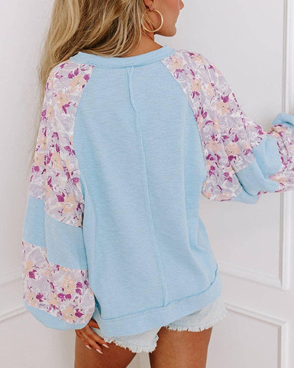 Floral Colorblock Balloon Sleeve Blouse: Beau Blue Product Image