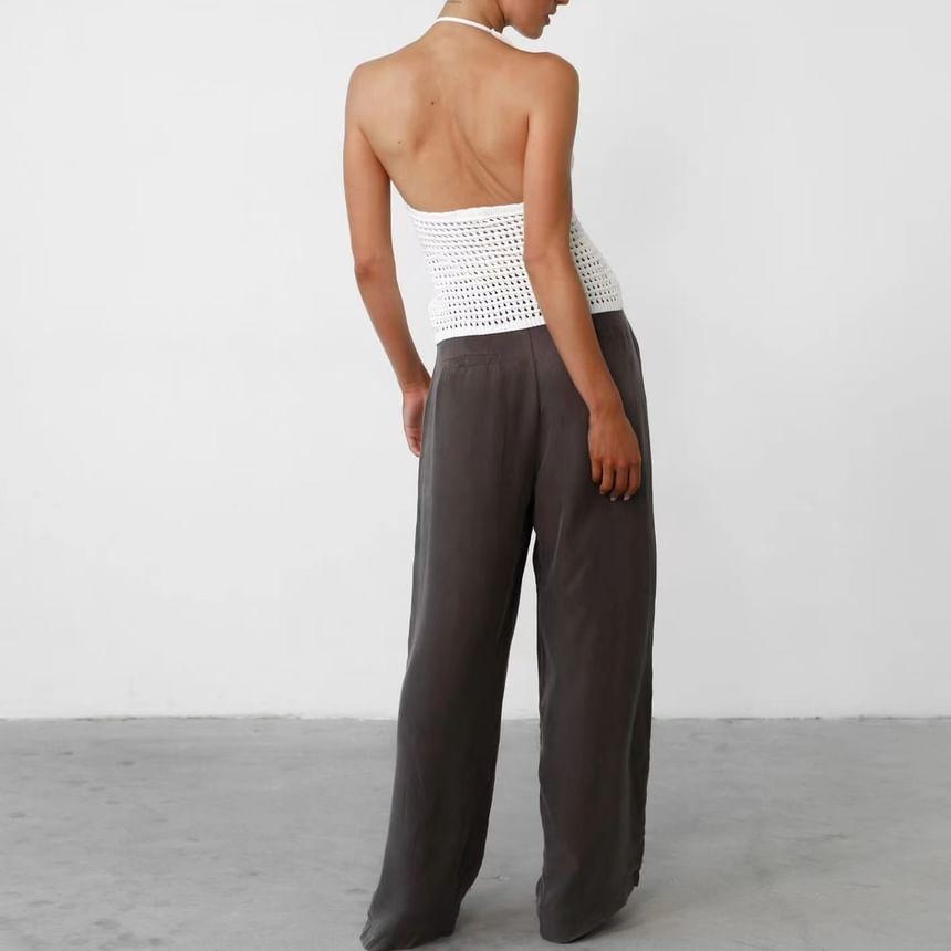 Halter V-Neck Plain Tie Front Knit Top Product Image