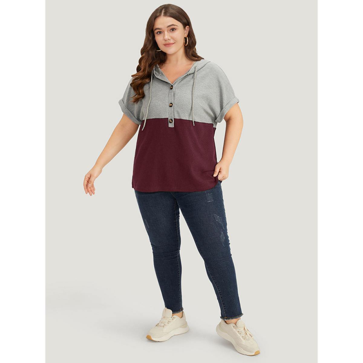 Plus Size Contrast Drawstring Button Up Hooded Roll Dolman Sleeve T-shirt Rust Women Casual Contrast Plain Hooded Dailywear T-shirts BloomChic 28/5X Product Image