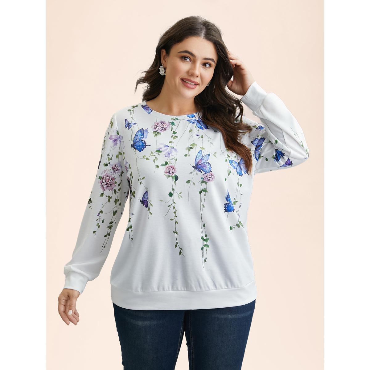 Plus Size Butterfly Print Stretchy Round Neck Sweatshirt Women WhiteSmoke Elegant Non Round Neck Everyday Sweatshirts BloomChic 30/6X Product Image