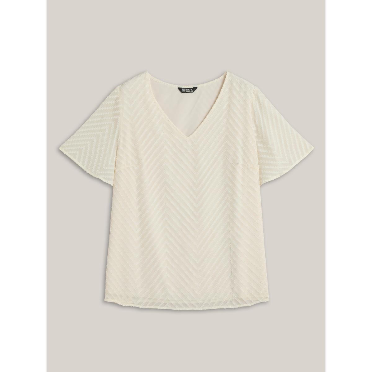 Plus Size Ivory Textured Sheer Ruffled Sleeve Blouse Women Elegant Short sleeve V-neck Everyday Blouses BloomChic 14-16/1X Product Image