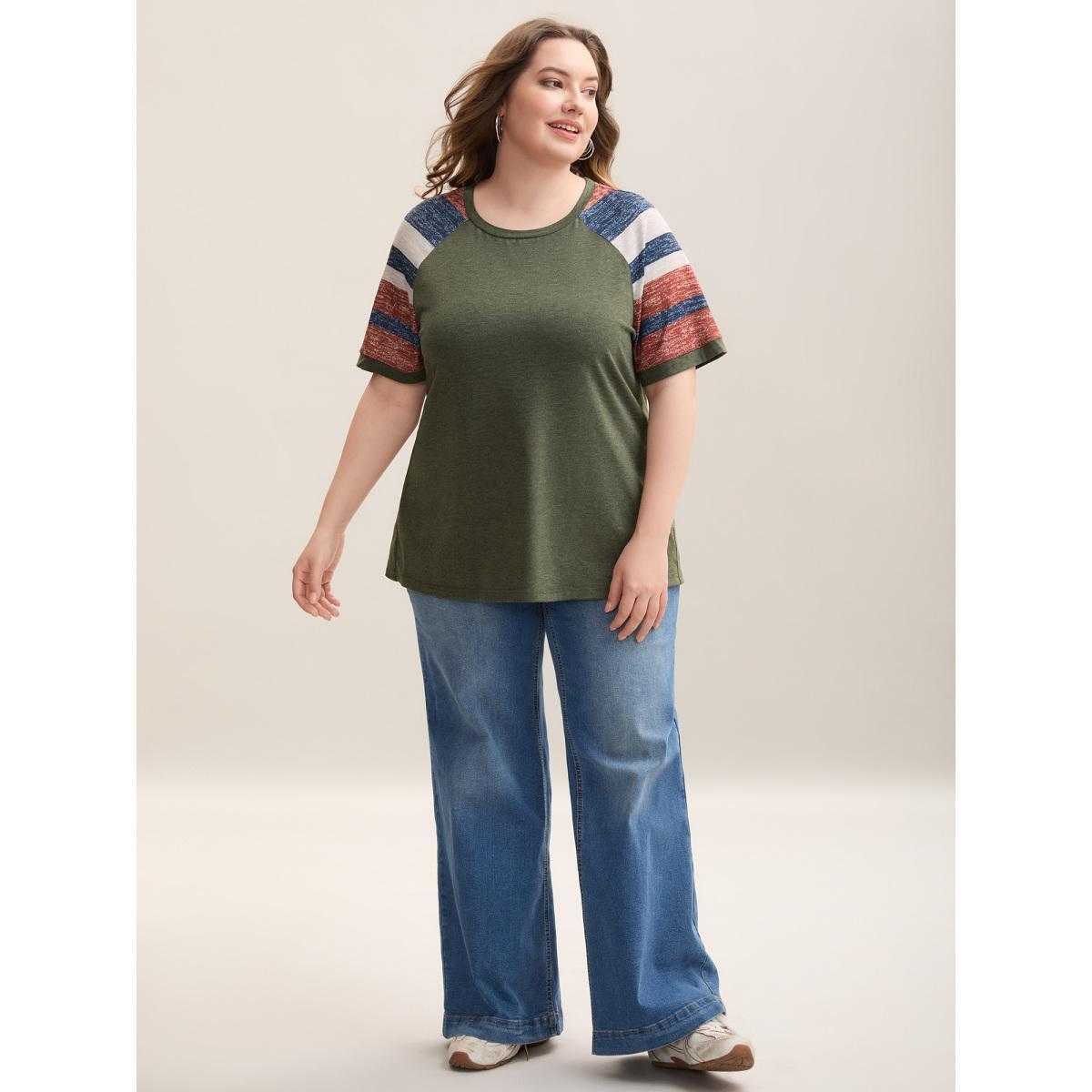 Plus Size Striped Raglan Sleeve Plain T-Shirt ArmyGreen Women Casual Contrast Round Neck Everyday-Casual T-shirts BloomChic 30/6X Product Image