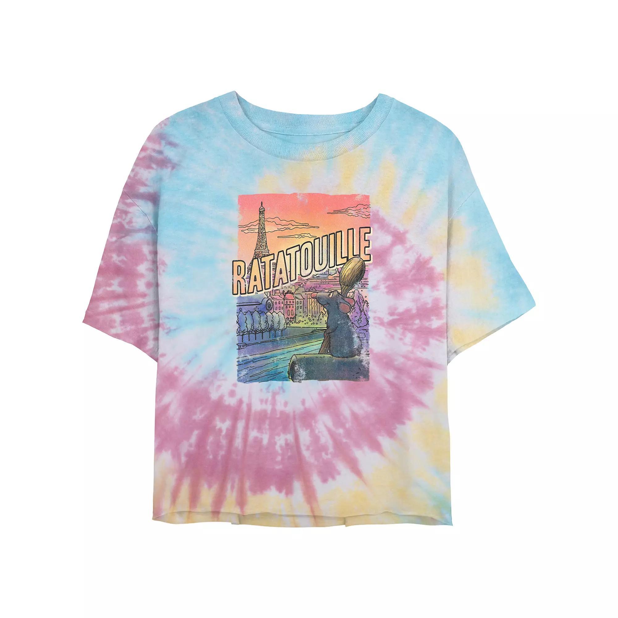 Disney / Pixars Ratatouille Remi Overlooking Paris Juniors Cropped Tie Dye Graphic Tee, Womens Product Image