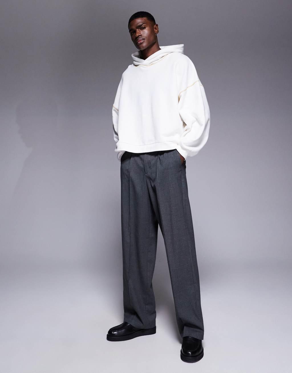 ASOS DESIGN extreme oversized boxy hoodie with wide hood and contrast seems in ecru Product Image