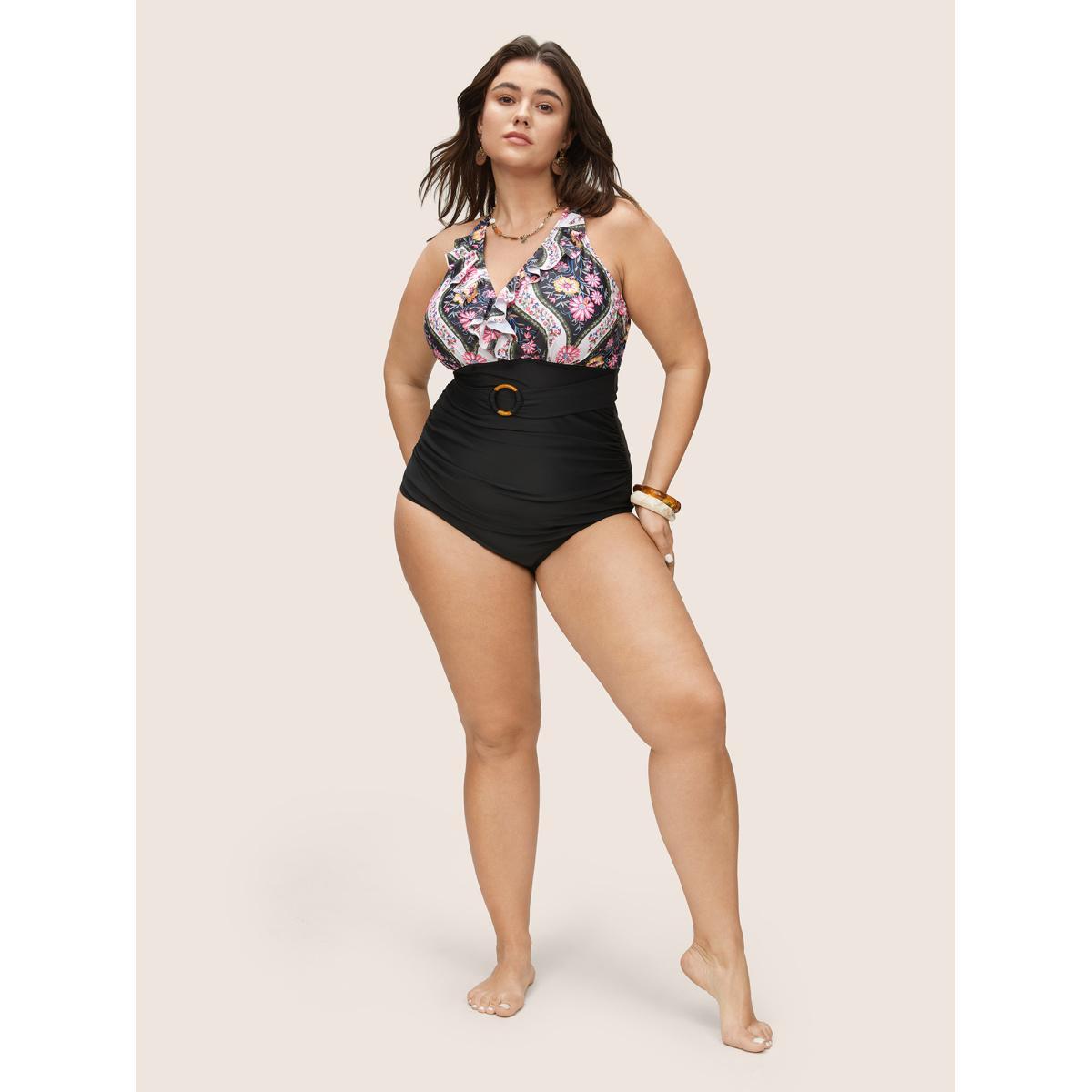 Plus Size Floral Flutters Buckle Detail One Piece Swimsuit Women's Swimwear Black Beach Non Curve Bathing Suits High stretch One Pieces BloomChic 18-20/2X Product Image