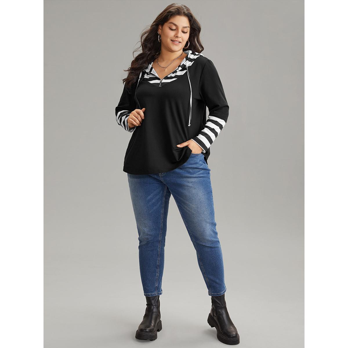 Plus Size Striped Patchwork Hooded Half Zip Sweatshirt Women Black Casual Zipper Hooded Dailywear Sweatshirts BloomChic 18-20/2X Product Image