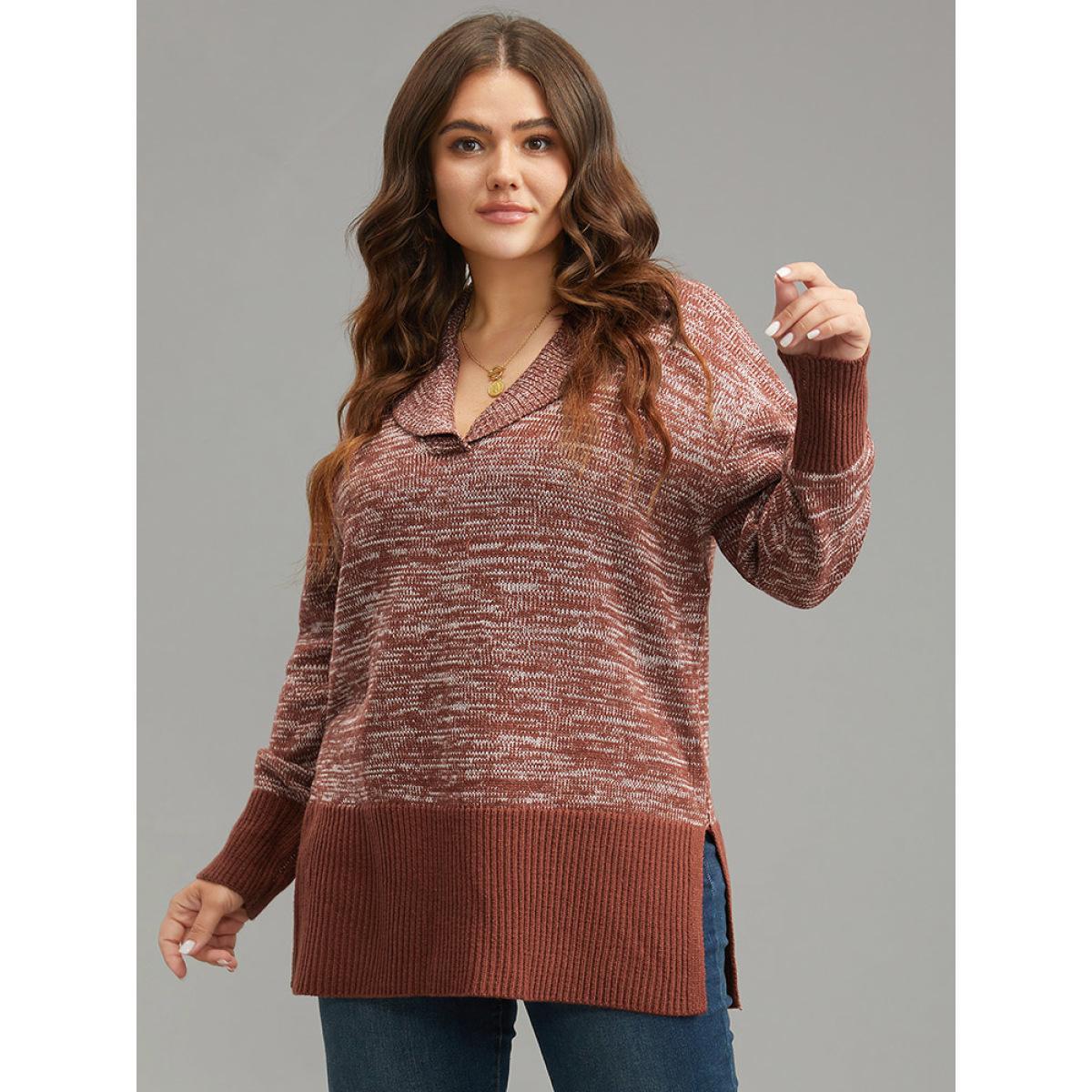 Plus Size Heather Lapel Collar Contrast Patchwork Pullover Rust Women Casual Loose Long Sleeve Lapel Collar Dailywear Pullovers BloomChic 28/5X Product Image