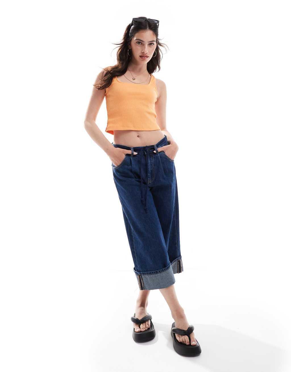 Pieces square neck crop top in tangerine Product Image