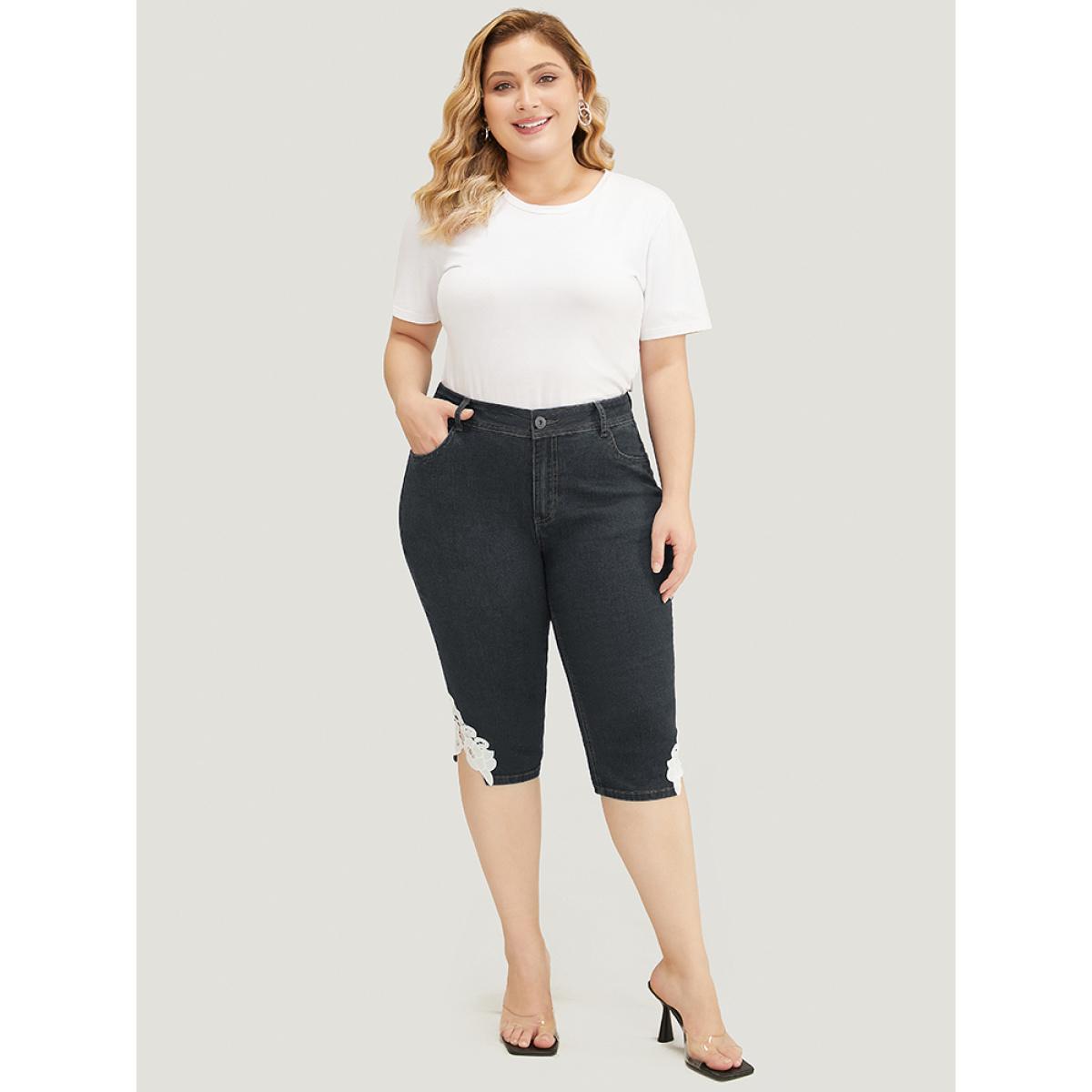 Plus Size Very Stretchy High Rise Medium Wash Guipure Lace Knee Denim Shorts Women DimGray High stretch Everyday Patch pocket Casual Denim Shorts BloomChic 10/M Product Image