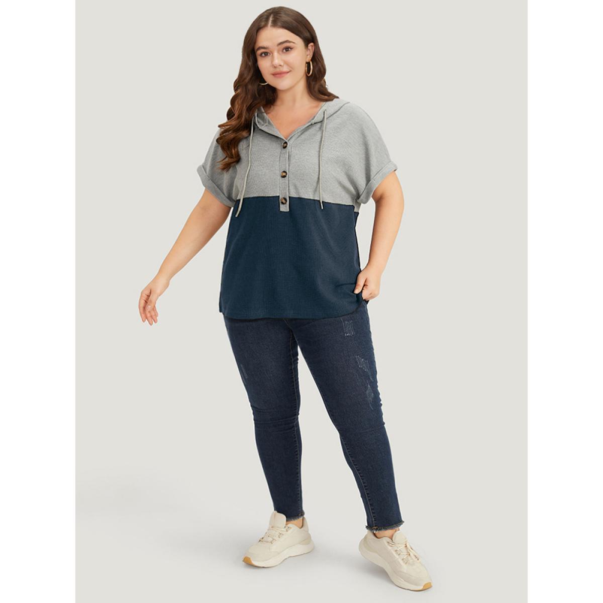 Plus Size Contrast Drawstring Button Up Hooded Roll Dolman Sleeve T-shirt Aegean Women Casual Contrast Plain Hooded Dailywear T-shirts BloomChic 28/5X Product Image