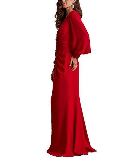 Tadashi Shoji V-neck Bishop Sleeve Floral Lace Applique Column Gown Product Image